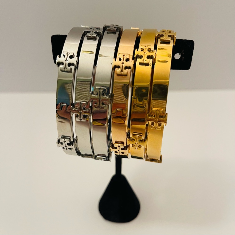Tory Burch- Miller Logo Hinged Bangle Bracelet available in silver or gold - Picture 1 of 10